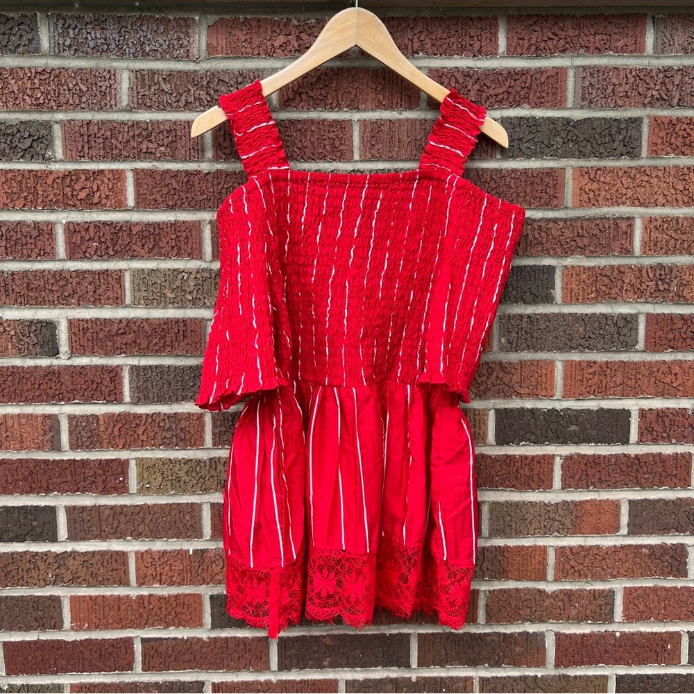 Rouge Collection Red and White Printed Smocked Cold Shoulder Lace Hem Top